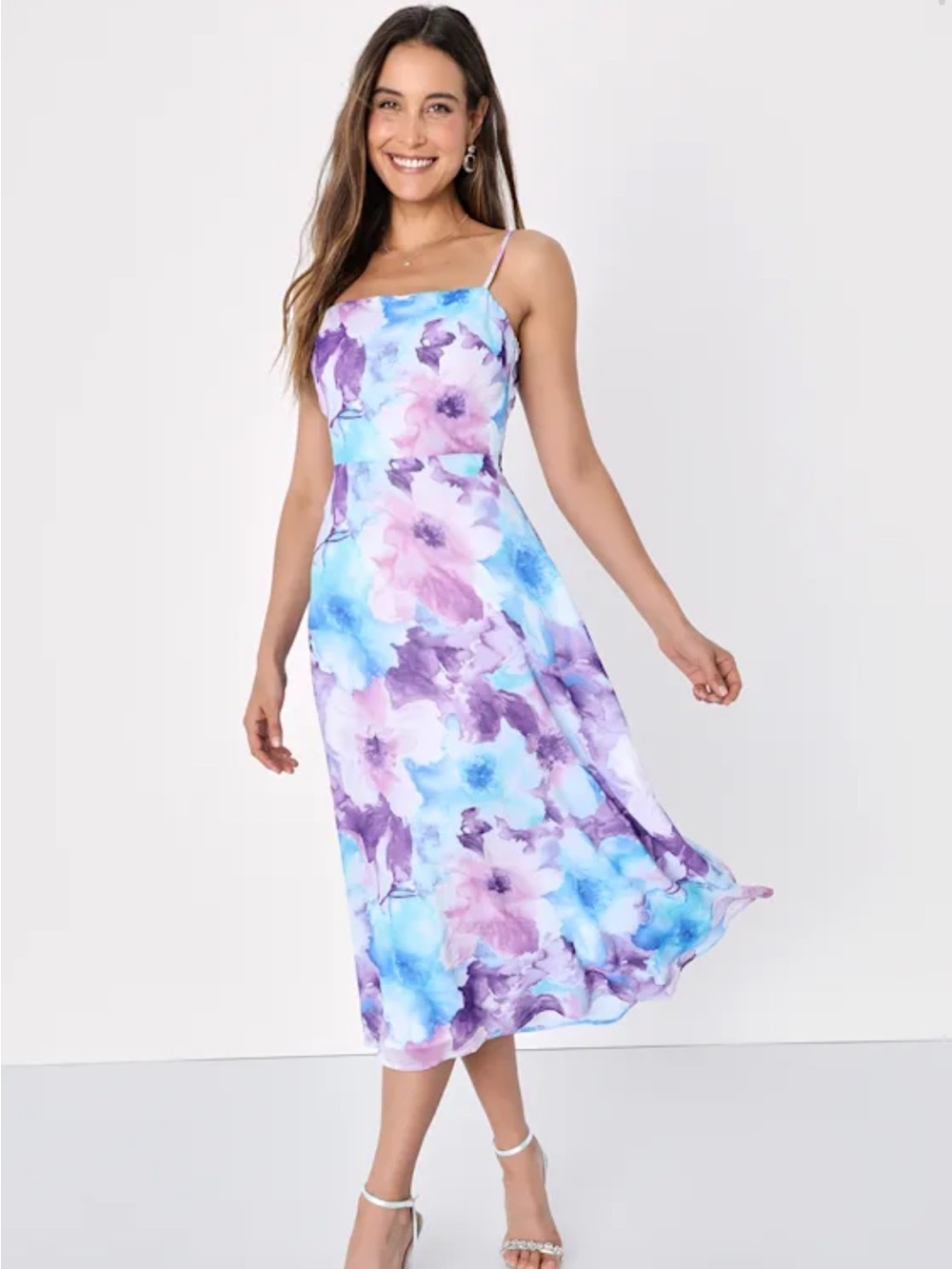 Lulu's Floral Watercolor Midi Dress in Blue, Purple & Pink